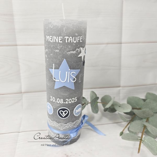 Taufkerze Rustik- Sterne grau-hellblau-weiß